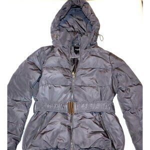 Bebe Womens Gray Puffer Belted Hooded Jacket With Zippered Pockets L Gorpcore